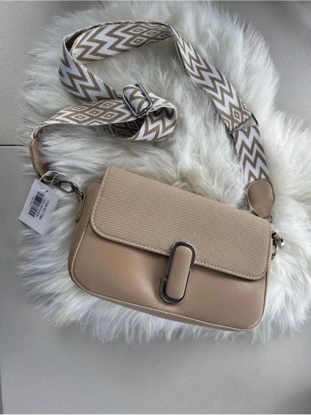 Neutral Beige Crossbody Bag with Patterned Strap